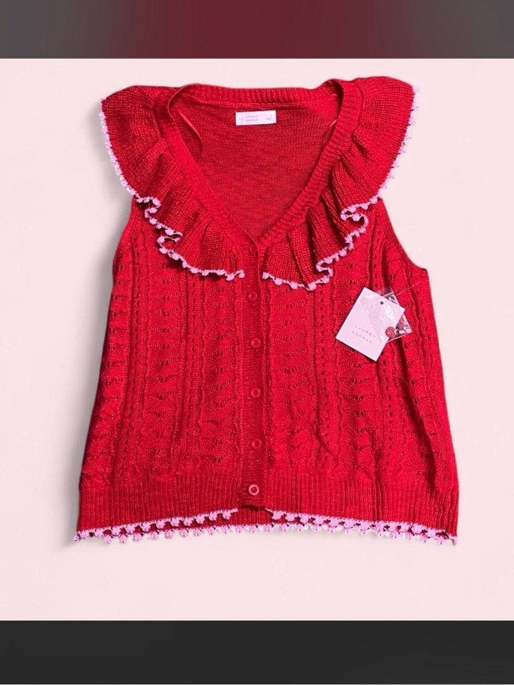 Red and Pink Ruffle-Trim Knit Vest Top